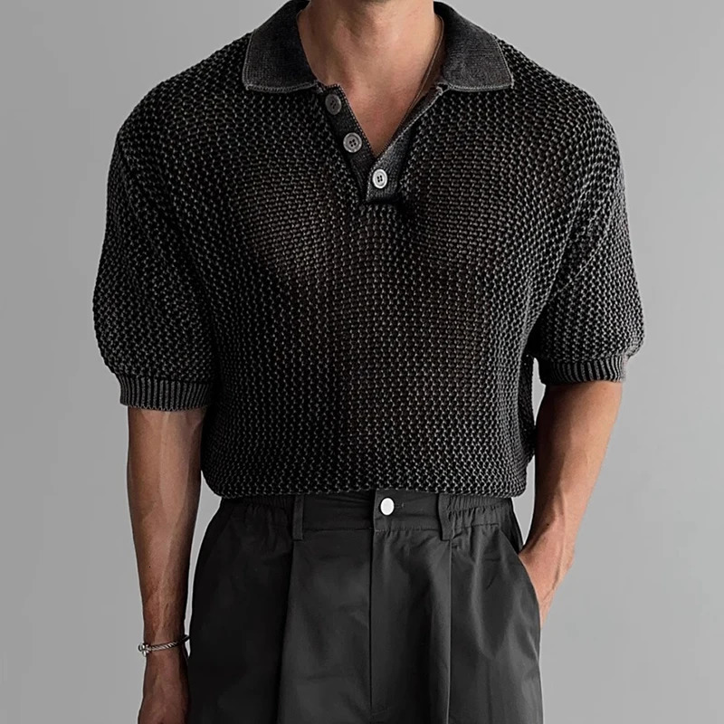 Sexy See Through Hollow Out Polo Shirts Mens Short Sleeve Button Lapel Casual Mesh Polo Shirt Fashionable Men Knitted Mesh Tops 250407