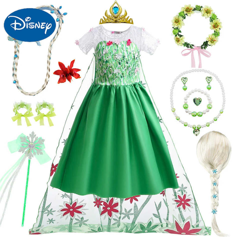 Disney Elsa Green Dress Girl Role Playing Princess Costume Childrens Long Cape Flower Lace Ball Dress Childrens Carnival Birthday Party Vestido X25040