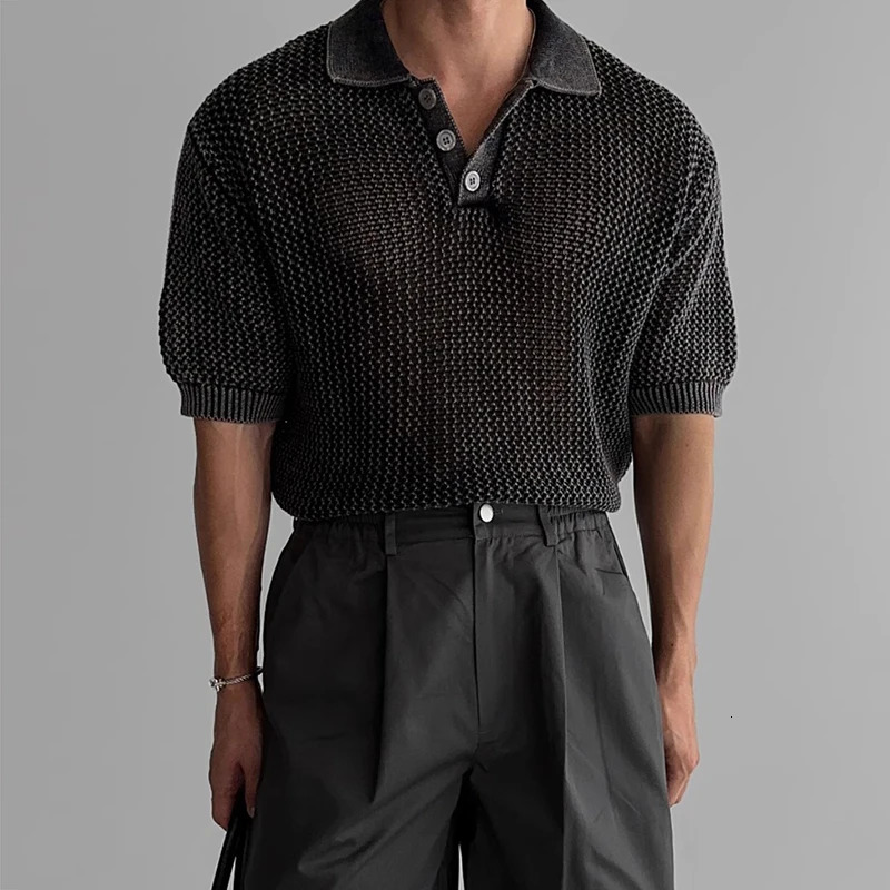 Sexy See Through Hollow Out Polo Shirts Mens Short Sleeve Button Lapel Casual Mesh Polo Shirt Fashionable Men Knitted Mesh Tops 250407