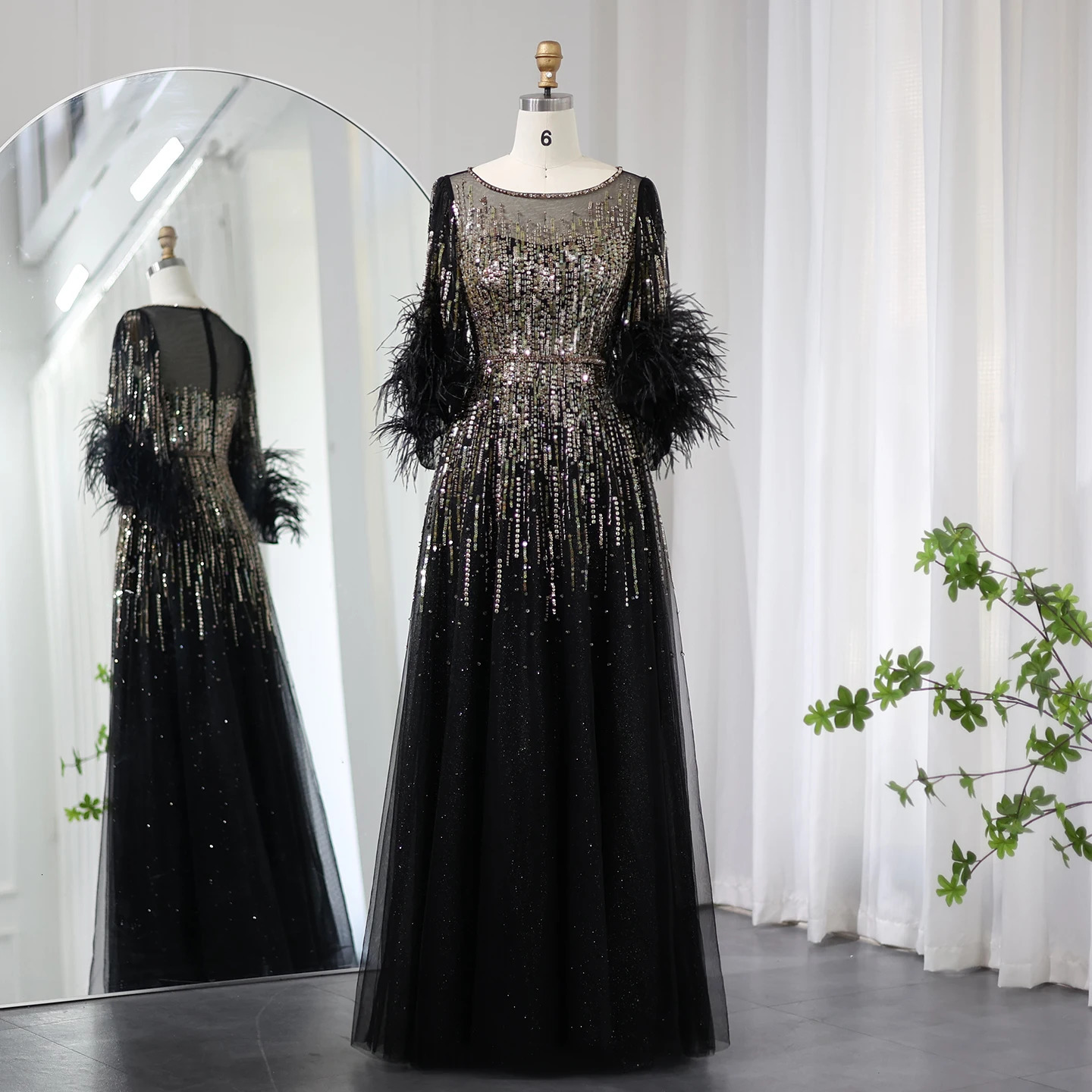 Sharon Said Feather Black Dubai Womens Fuchsia Arab Half Sleeve Wedding Party Dress SS339 Customized 250402