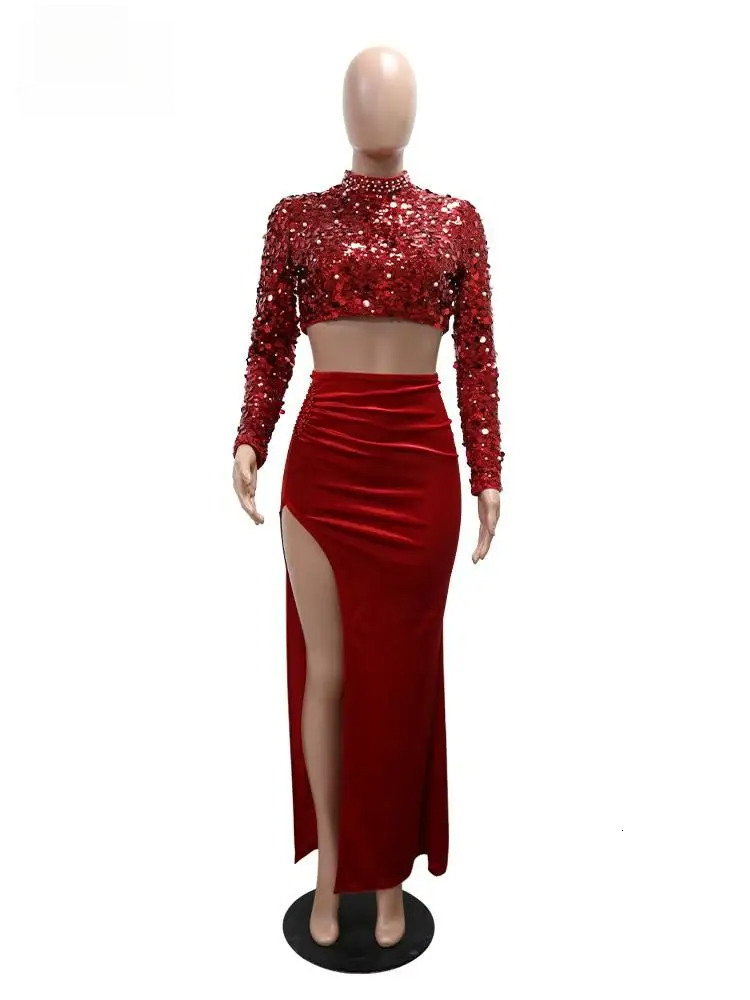Veet Chic And Elegant Woman Set Sexy Full Sleeve Sequins Pearls Crop Tops+Split Long Skirt 2 Piece Sets Party Clubwear