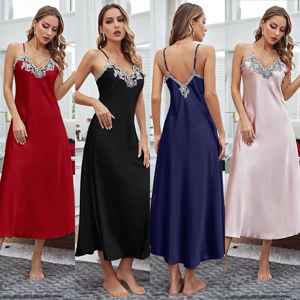 OEM ODM Hot Sale Satin Pamas Female Lace Sexy V-Neck Long Style Suspender Nightdress Ice Silk Nightgown Slip Skirt