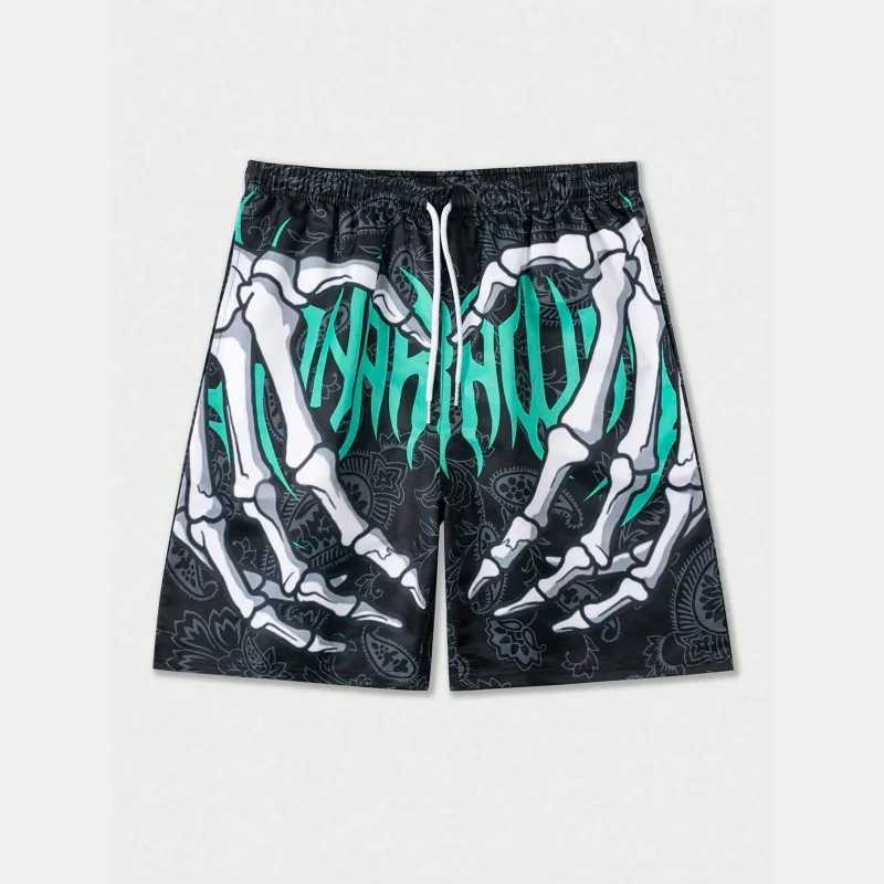 Trend skeleton hand drawn graphic beach shorts mens fashion cool summer 3D printed shorts loose streetwear hip-hop swim trunksXJ250407