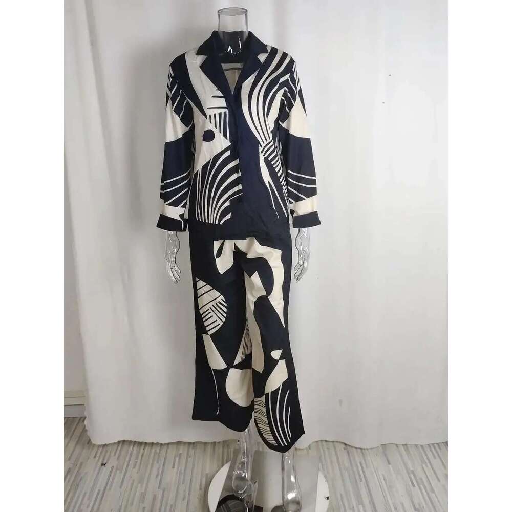 Women Digital Print 2 Piece Set Chic Lapel Long Sleeved Blouse Top Loose Straight Leg Pants Suit Fashion Streetwear Outfits 2023
