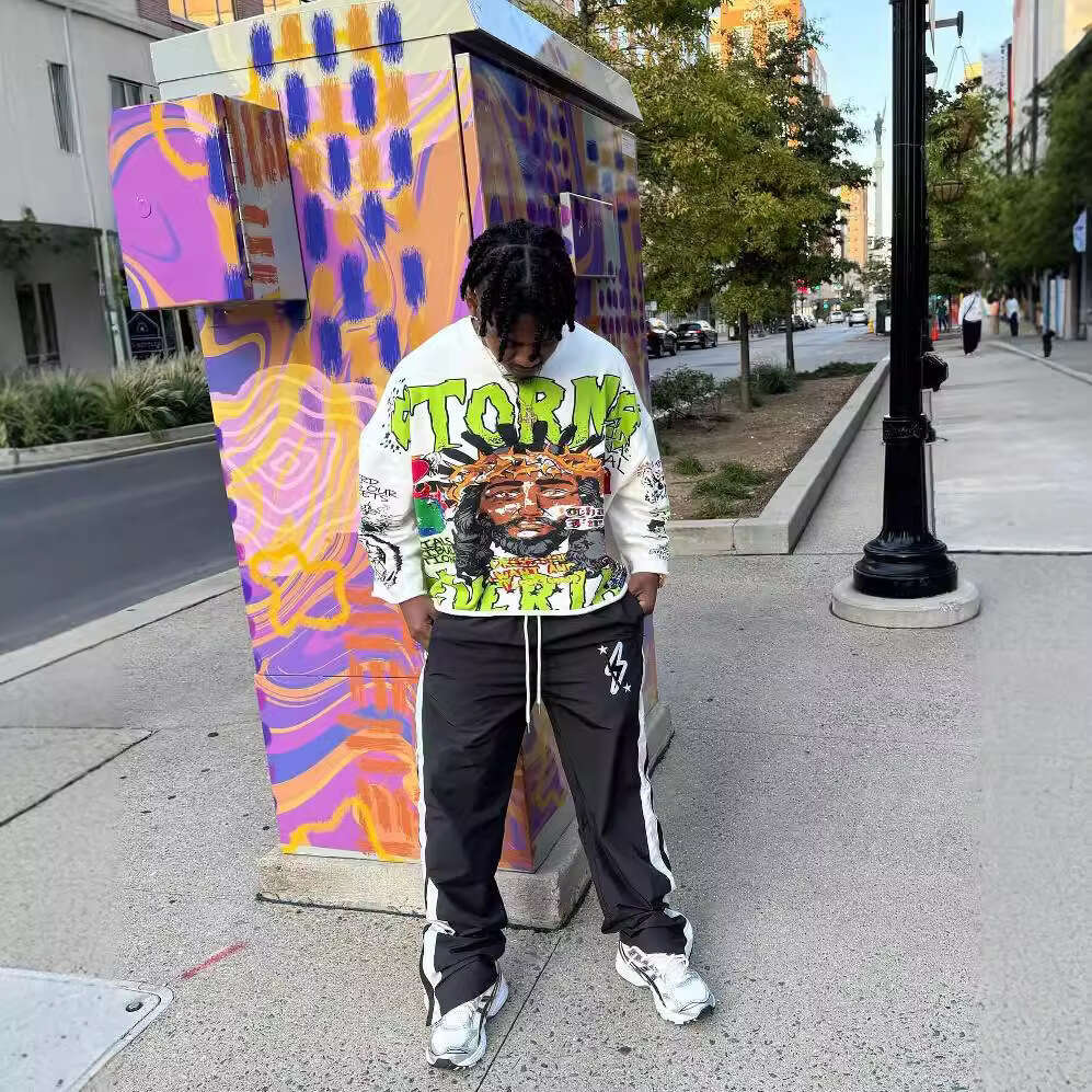 American plus size autumn street graffiti print pattern top, unisex loose streetwear trend clothing gift for boys