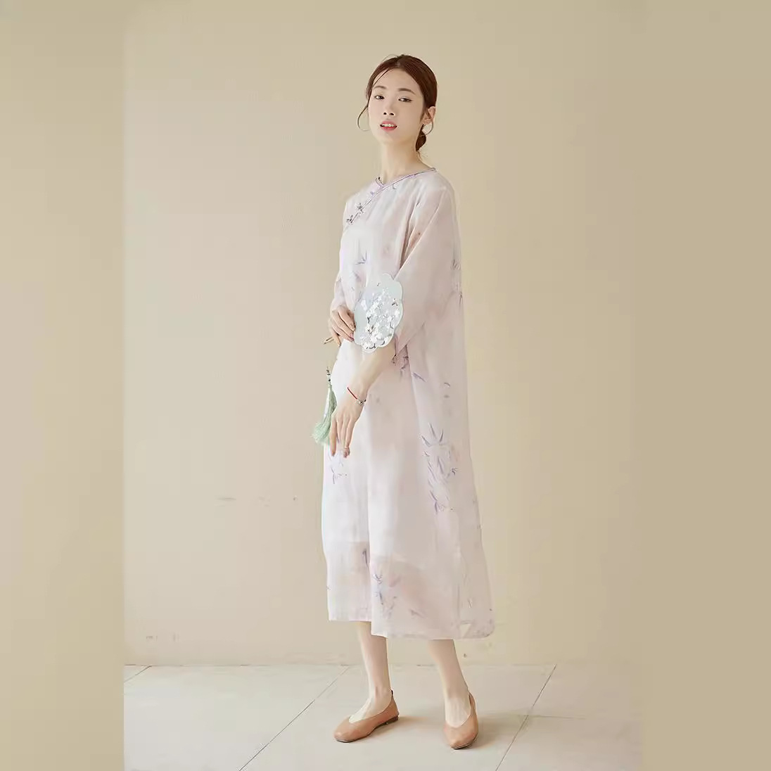 G5180 High Quality Double Layer Dress Women Summer Retro Print Women's Improved Cheongsam Skirt