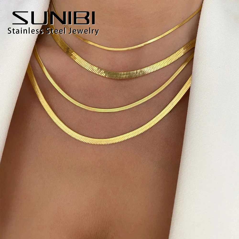 SUNIBI Stainless Steel Snake Chain Necklace for Woman Gifts Choker Herringbone Gold Color Necklaces Women Jewelry WholesaleC250407