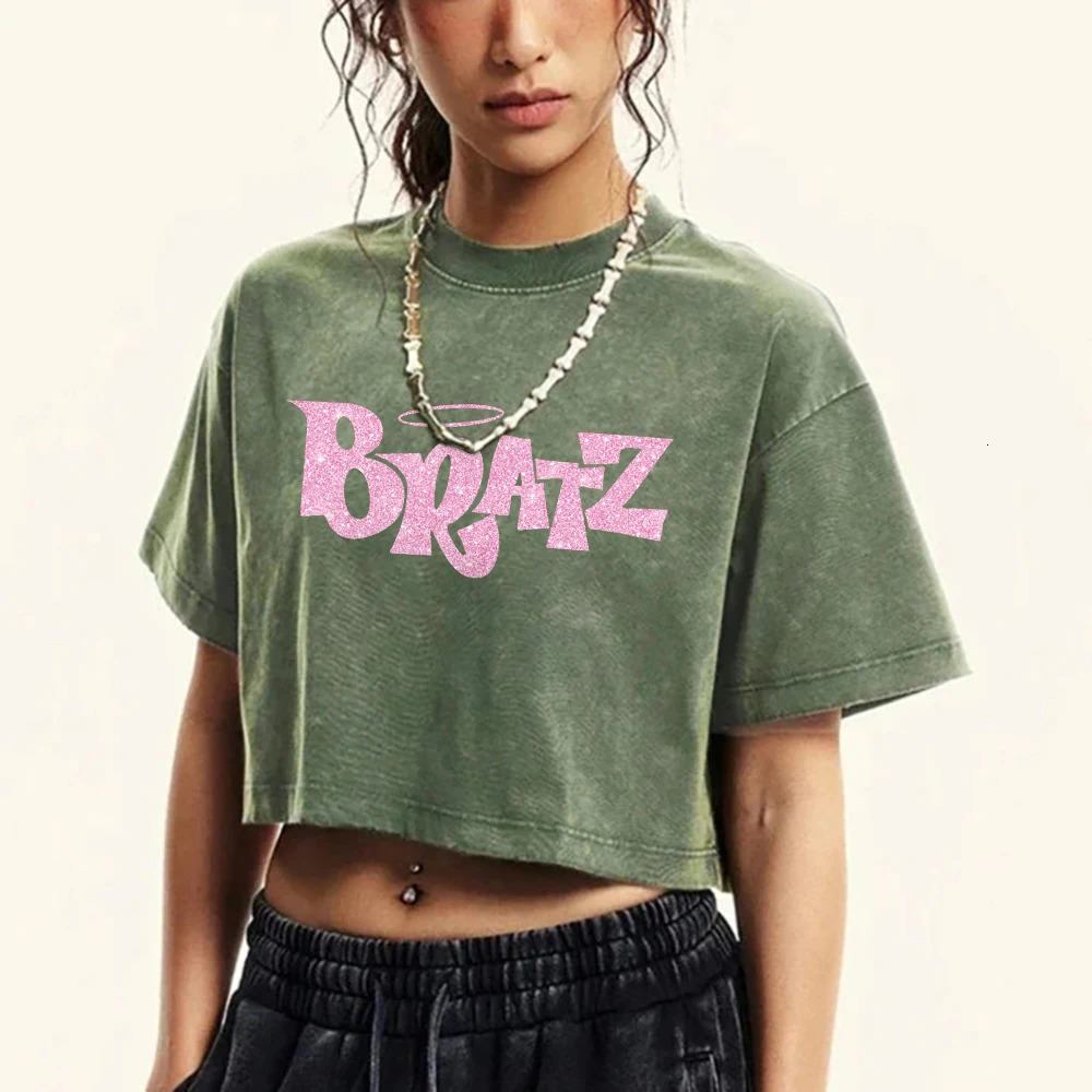 Pink Bratz letter printed womens Tshirt washed retro casual summer short sleeved soft ultrathin suitable for comfort 250407