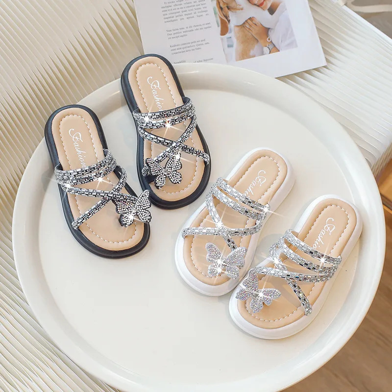 Platform Slippers for Girls Summer Crystal Open Toe Flat Girs Clogs Shoes Outdoor Sandals Butterfly Bling Slide Kids H05299 250408