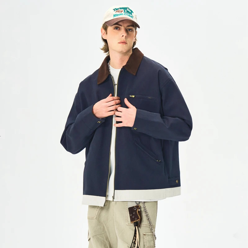 Fashionable mens jacket autumn casual retro style denim zipper pocket windproof camping baseball 250407