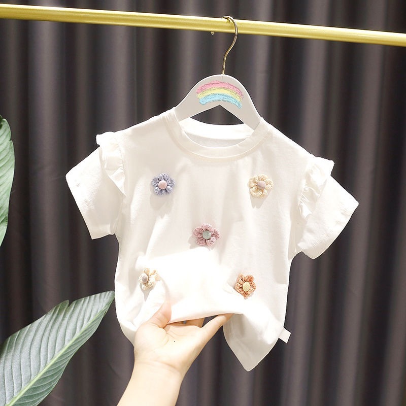 Ddmyshoesvip Girls Short Sleeves Edition Pure Cotton Korean Cute Baby Girl Western Style Three Dimensional Flower Children S T Shirt Summer Fashion