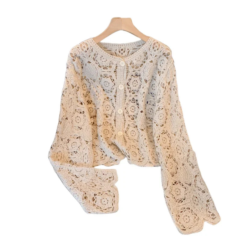 Spring and Autumn Hollow Lace Knitted Cardigan Coat Womens French Holiday Style Hook Flower Sunscreen Summer Shawl 250408
