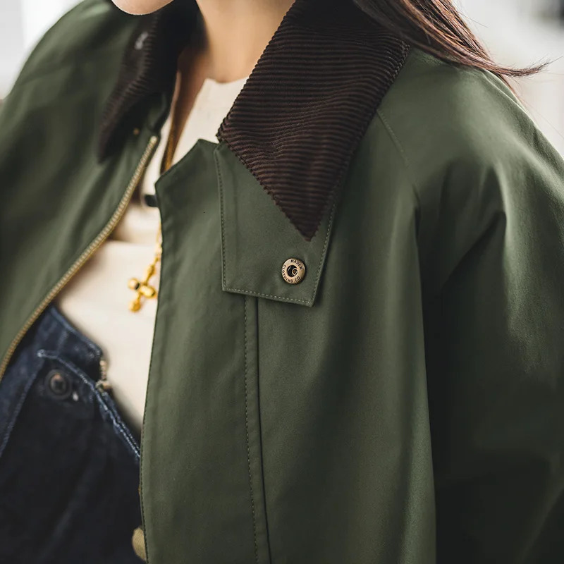 Maden Retro Womens Corduroy Patch Work Jacket Green Casual Collar Spey Hunting Spring Zipper Front Coat 250407