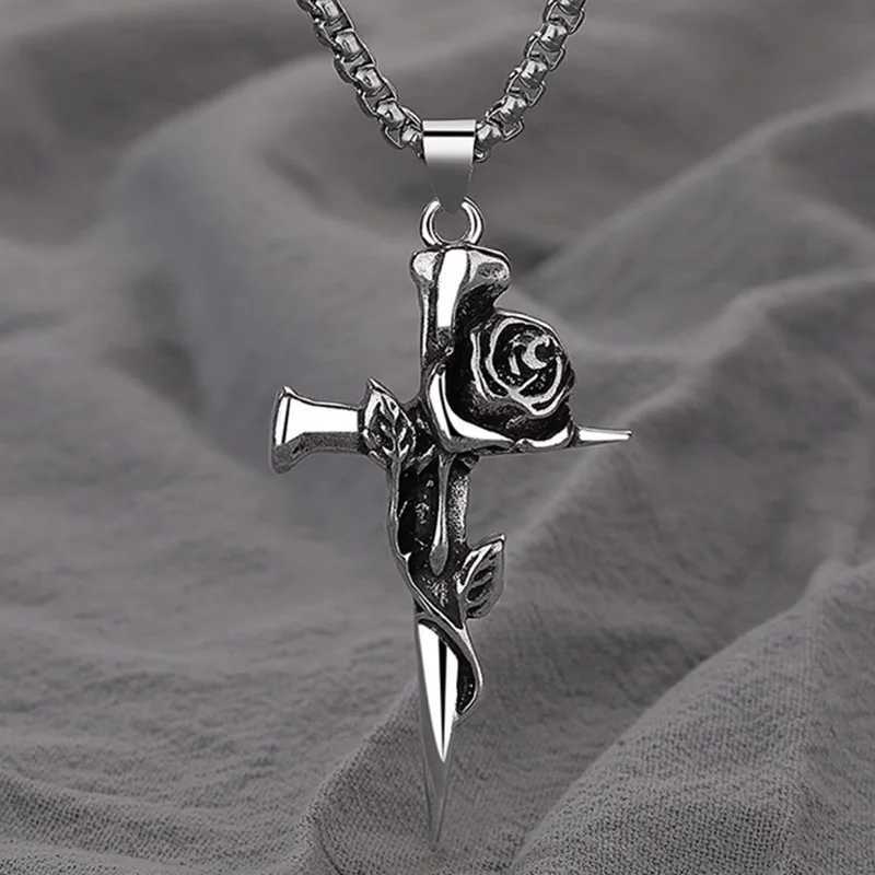 1Pcs Vintage Rose Cross Pendant Necklace For Women Men Stainless Steel Chain Punk Goth Trendy Accessories Choker Gothic JewelryC250407