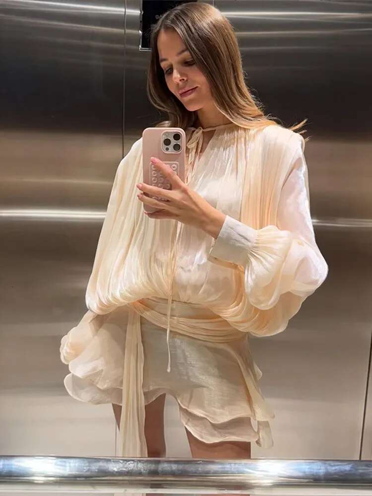 Elegant Ruffles Shiny Mini Dresses Fashion Solid Long Sleeve Lace Up V Neck Pleated Dress New Summer Party Women's Vestidos 2025