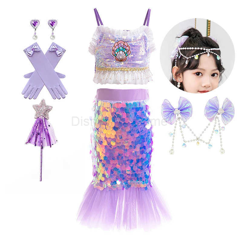 Disney Mermaid Birthday Party Dress Summer Girl Mermaid Costume Carnival Top and Skirt Outfits 2-10 Yrs Kids Fantasy Disguise Prom Gown X250408