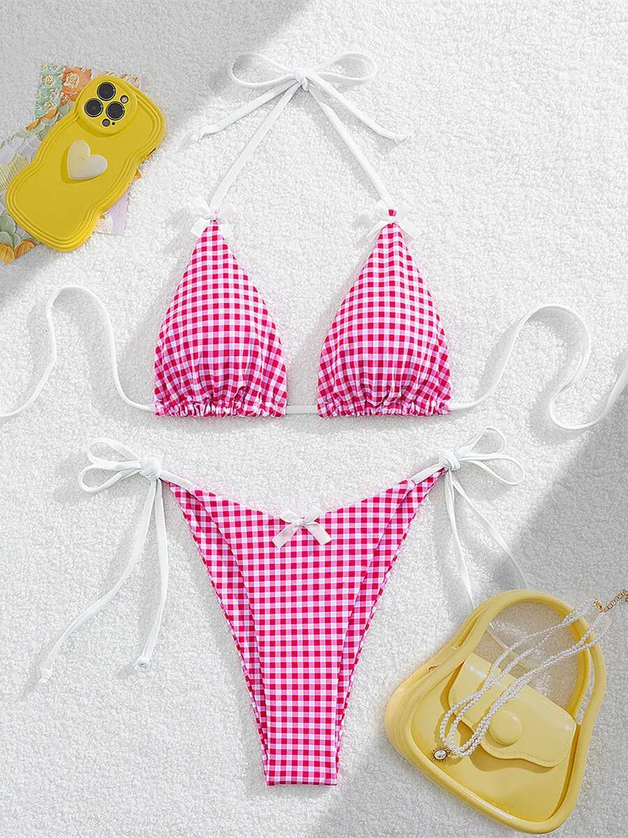 Dongdumaoyi Push Up Bikini Set Women Sexy Red Plaid Print Summer Micro Swimsuit Brazilian Cut Out Beach Bathing Suit Thong Swimwear
