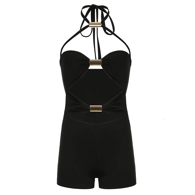 BIKPIIK sexy hollow womens fashion metal ring backless tight jumpsuit vacation club black wrap midnight party 250408