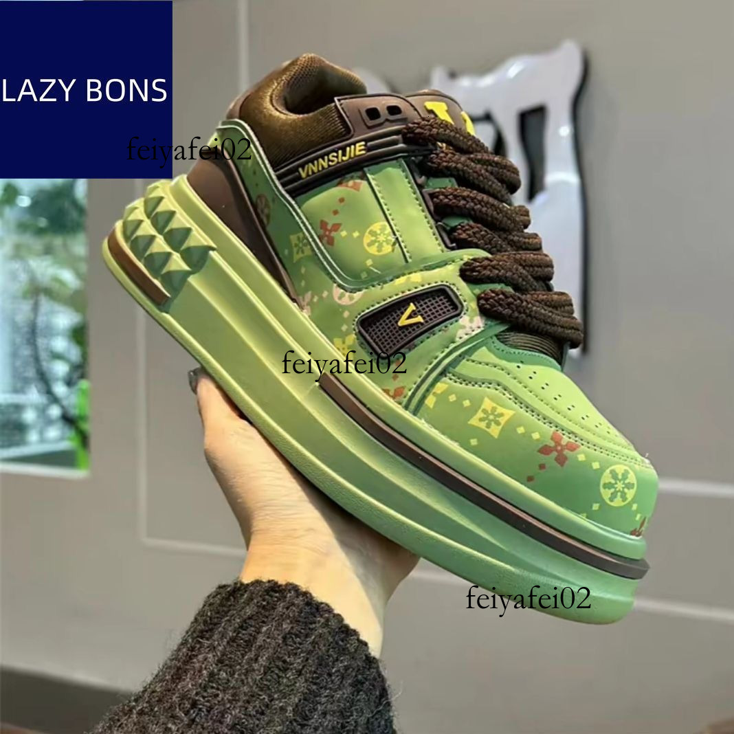 Top Trendy Brand Color blocked Casual Board Shoes 2025 Spring New Leather Face Dun Dun Shoes Height Raising Soft Bottom Casual Shoes d4