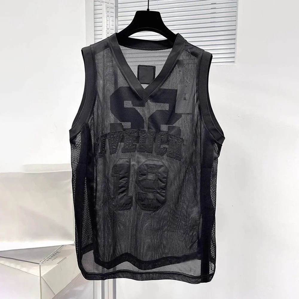 Mens Vest Digital Embroidery Semi Transparent Mesh Sleeveless Vest Summer Casual Sexy Youth trend Top Mens Clothing Unisex 250403