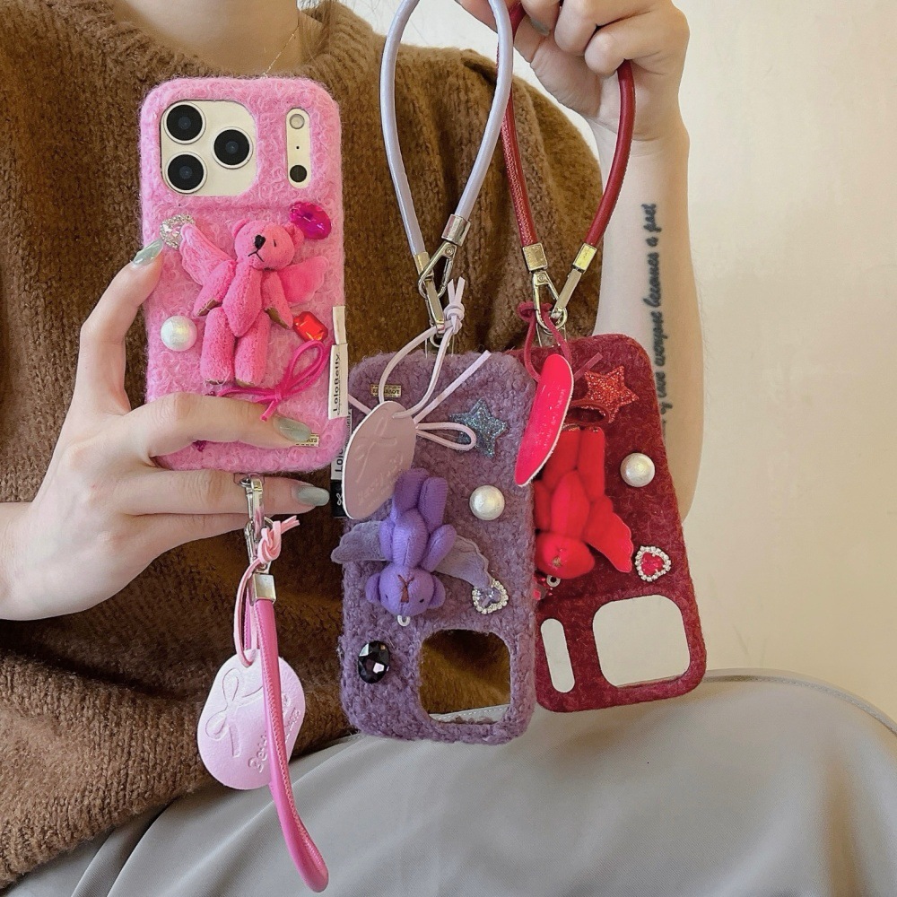Rhinestone Plush Bear Cartoon Phone Case Compatible with iPhone 17/16 Pro Solid Color Lanyard Case iPhone 15 Niche 14