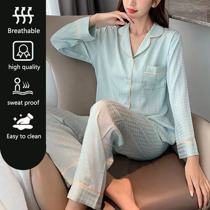 Four Seasons Nightwear Casual Plaid Pajamas Ice Silk Long Sleeve Jacquard Plaid Cardigan Student Pajamas Homewear Two-Piece Set 250408