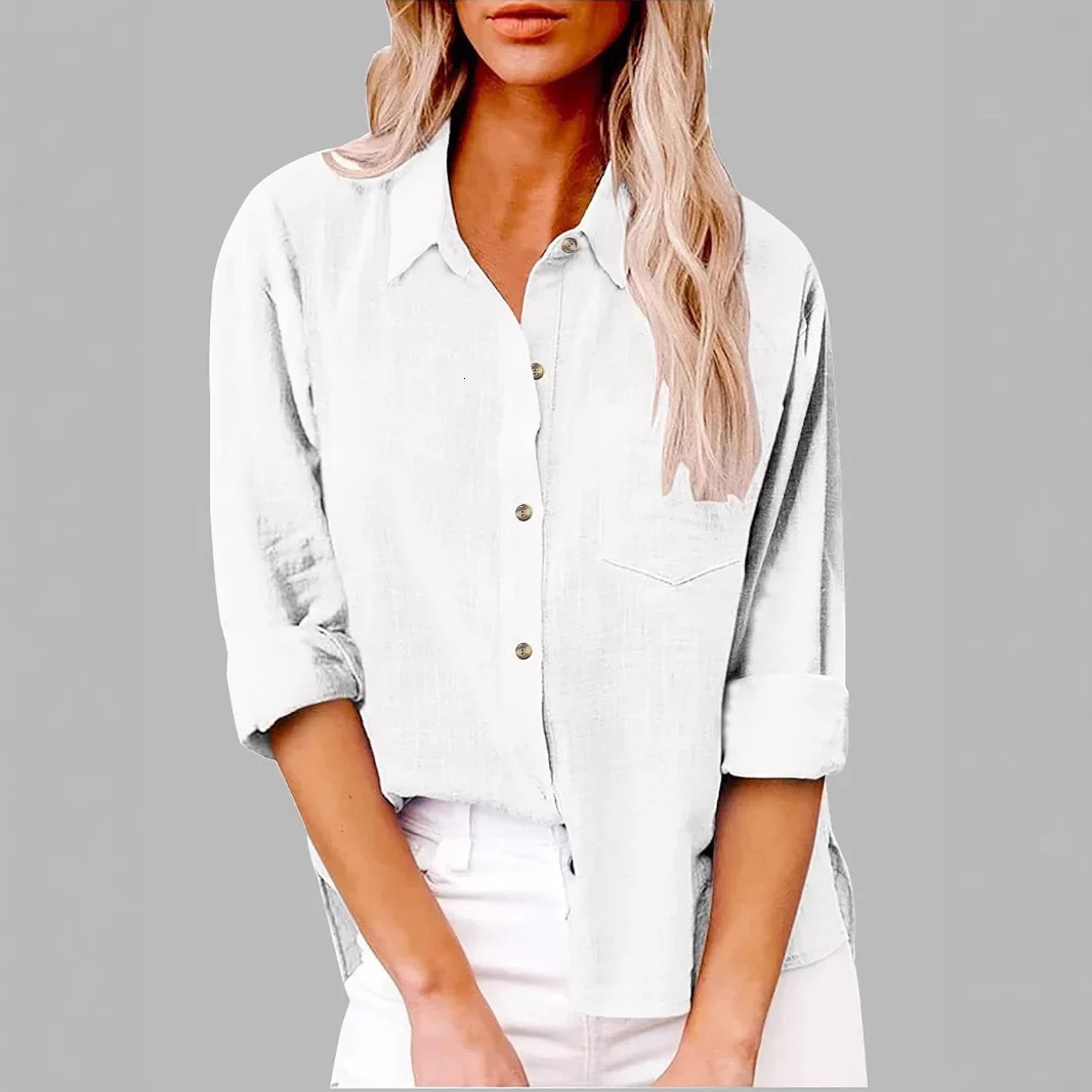 Spring Autumn Cotton Linen Shirt Womens Long Sleeve Pocket Side Slit Clothing 250408