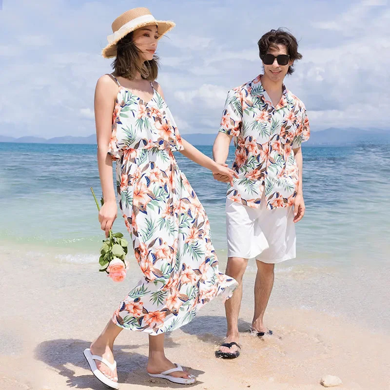 Family Look Vacation Beach Clothing Mom Daughter Sleeveless Dress Dad Son Matching Floral Shirt Set Parent Child Holiday Clothes 250407