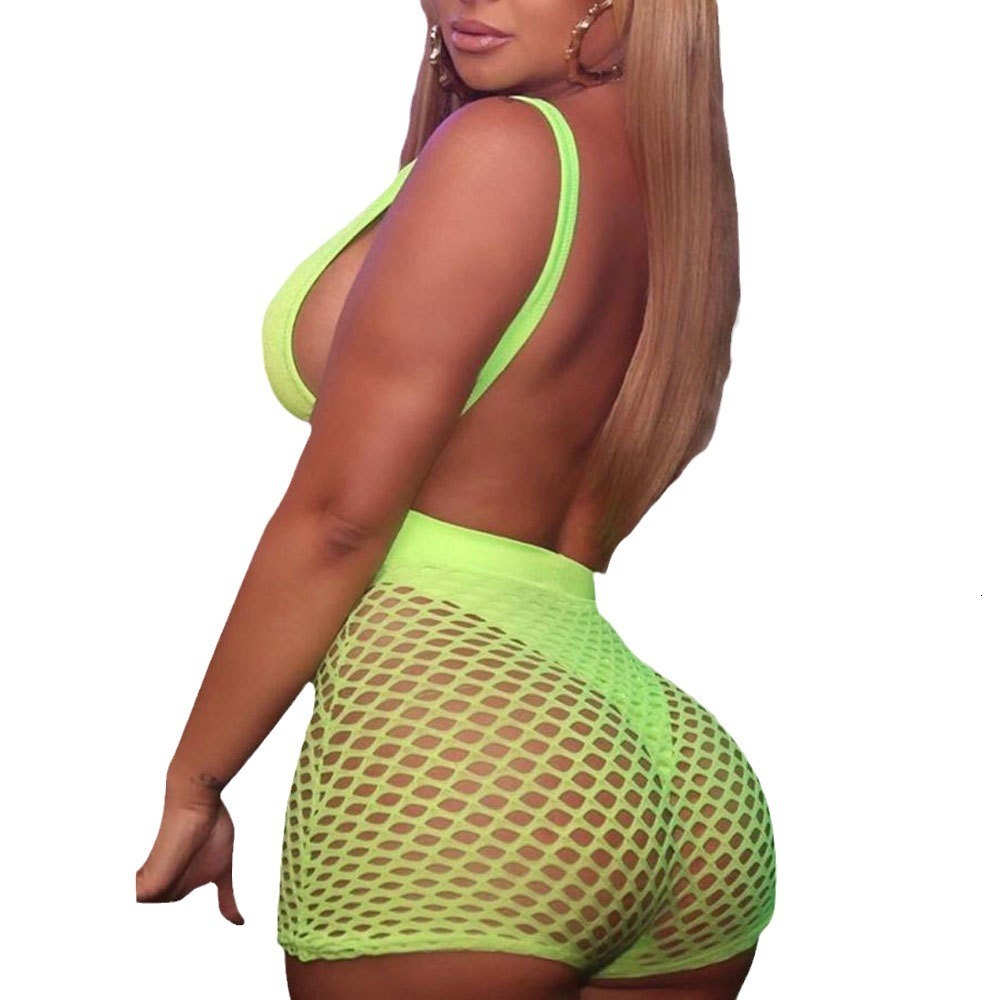 Women Sexy Two Piece Fishnet Swimwear High Waist Shorts 2 Pieces Bikini Set Tanga Swimming Suit Push Up Mesh Neon Swimsuit Y19062901