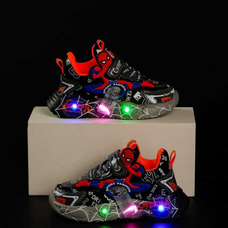 LED casual sports shoes red black suitable for Spring Boys Spiderman outdoor sports shoes childrens light non slip shoes size 21-30 W250407