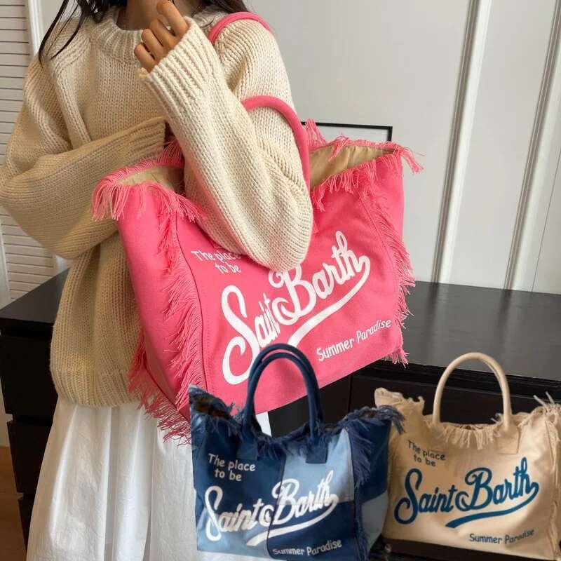 Summer New Hot Selg Canvas Solid Color Women's Bag Large Capacity Printed Letter Tassel Splicing High-quality Handbag