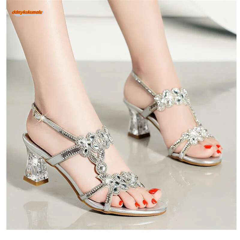 Summer New Style Rhie High Heel Sandals Women's Open Toe Fashion Sexy Beach Roman Dia-encrusted Shoes ddmykukumalu