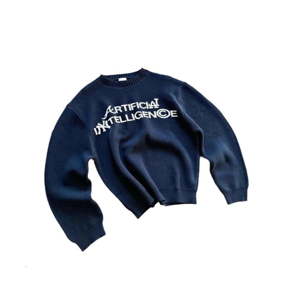 Casual temperament navy blue round neck letter jacquard unisex winter pullover fashionable knitted sweater gift for boys