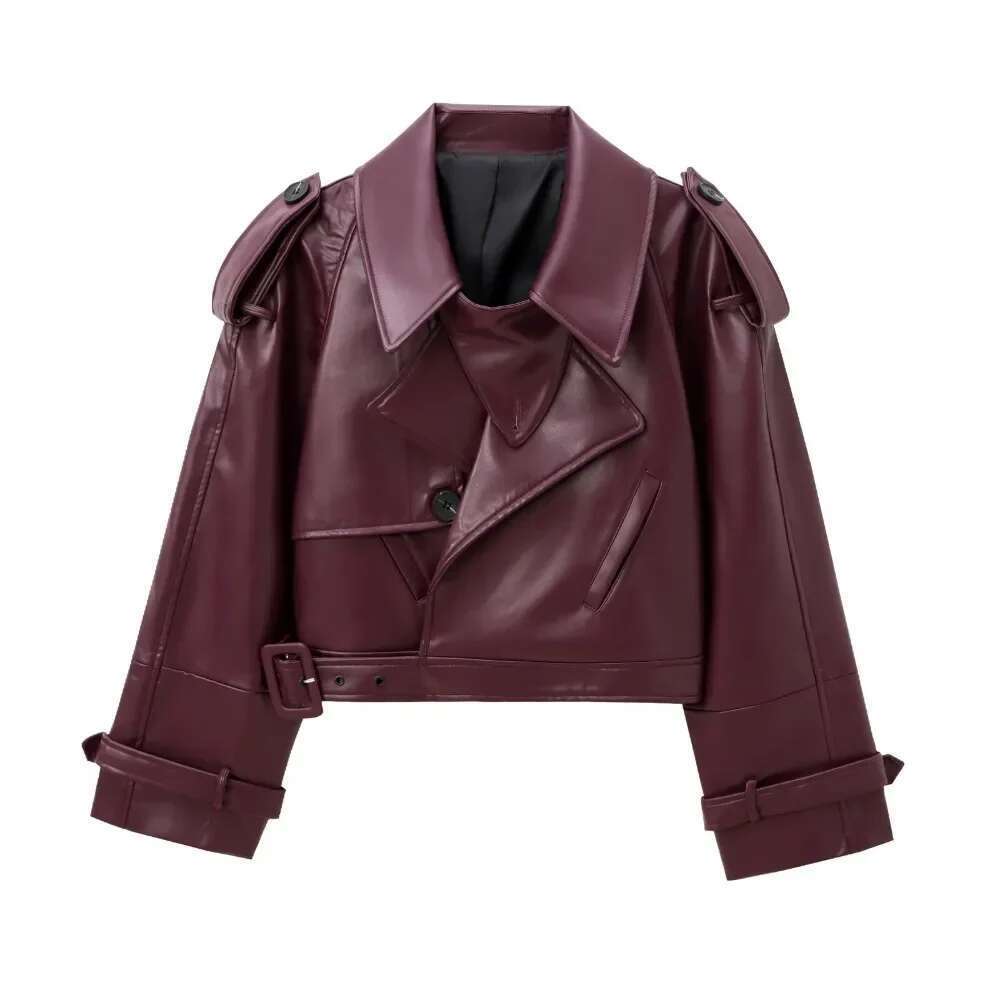 Wine Red Retro PU Autumn And Winter Women's Street Temperament Lapel Tie Warm Slim Fit Office Casual Short Jacket