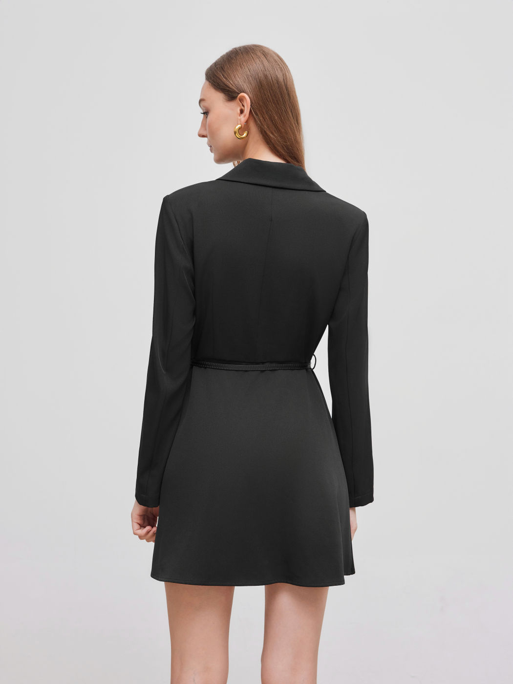 Women's Black V-neck Mini Blazer Dress Notched Collar Mid Rise Work Dress With Belt