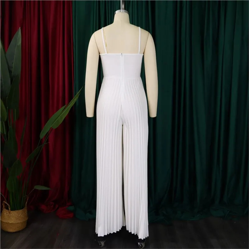 Womens Ruched Wide Leg Jumpsuit Vacation Yellow Halter Collar 3D Pleated Chiffon Pleated Spaghetti Straps Elegant Jumpsuit 250407