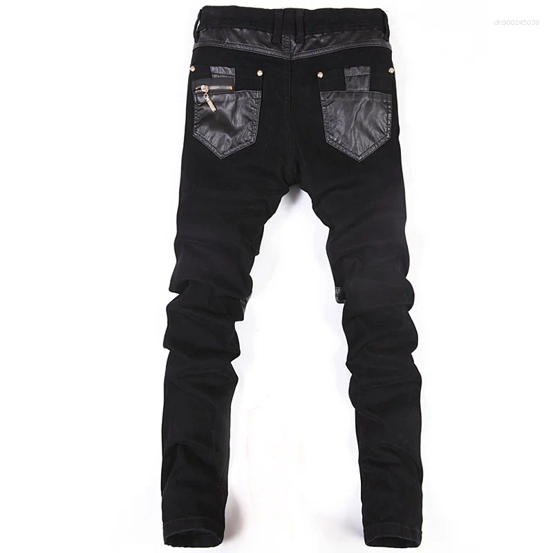 Zipper Splicing Leather Pants Long Pencil Slim Spring Hole Fashion Thin Skinny Men Hiphop Trousers