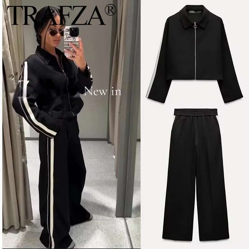 TRAFZA 2024 New Women Casual Trousers Suits Sports Short Jacket + Female Vinatge Black White Patchwork Baggy Pants Street