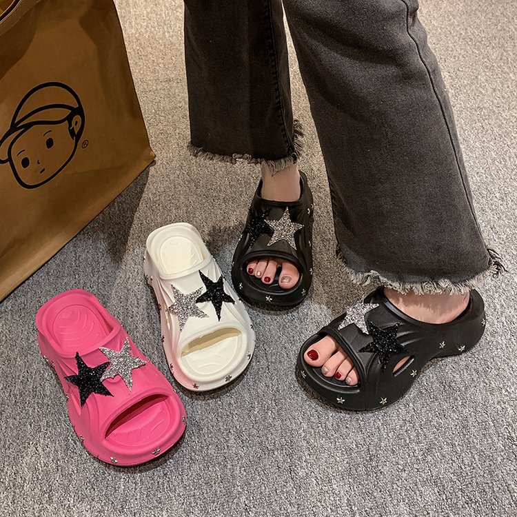 Women's new summer 2025 flash Pentacle super soft platform slippers with non-slip beach shoes muffin and bread sandals