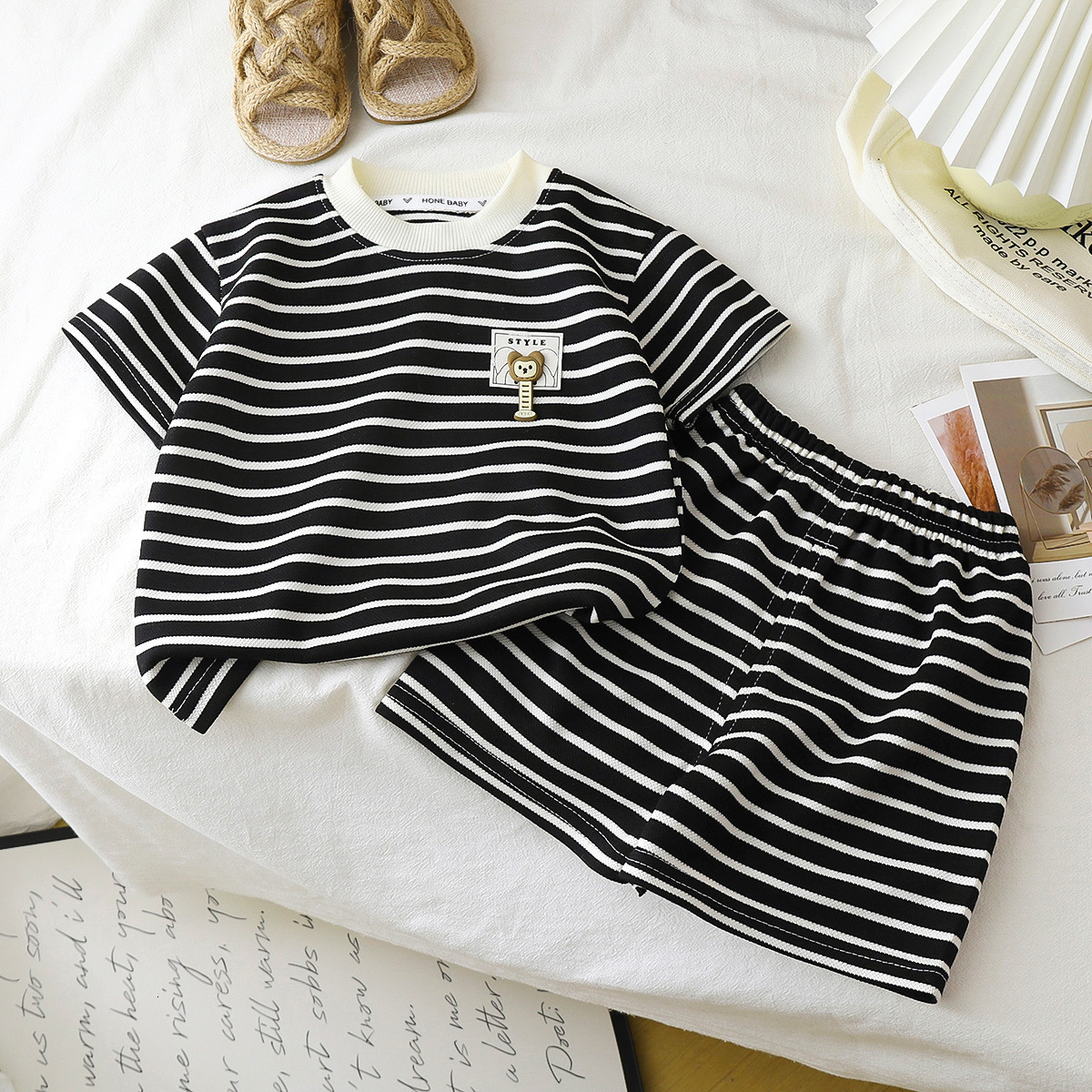 Ddmyshoesvip Children S Short Sleeved Set With Black And White Stripes Boys T Shirt Baby S Summer Children S Clothing Girls Shorts New Baby Clothes