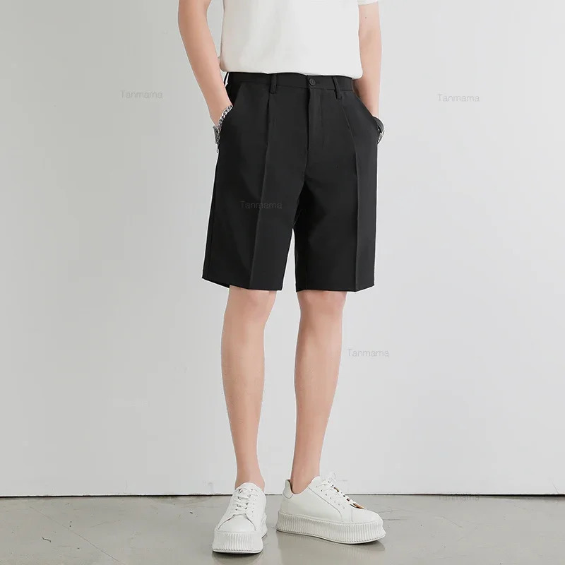 Summer Mens Suit Shorts Solid Color Loose Drape Business Straight British Casual Knee-length Pants Clothing Black Gray 250407