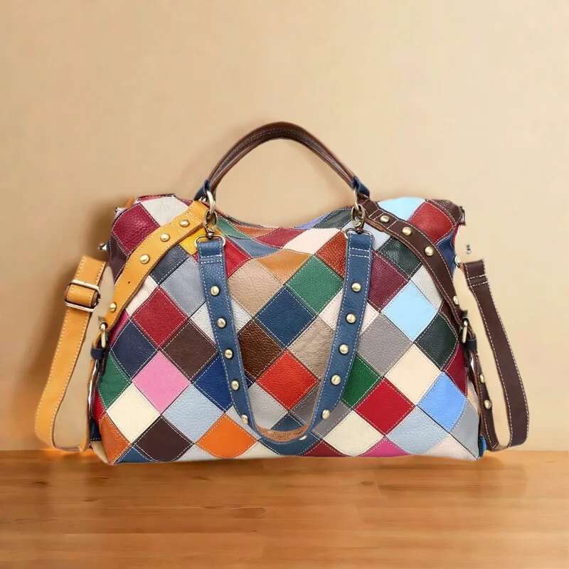 2025 New Vintage Genuine Leather Handbag Women - Colorful Plaid Handmade Ethnic Style Spacious Tote Bag For Daily & Travel