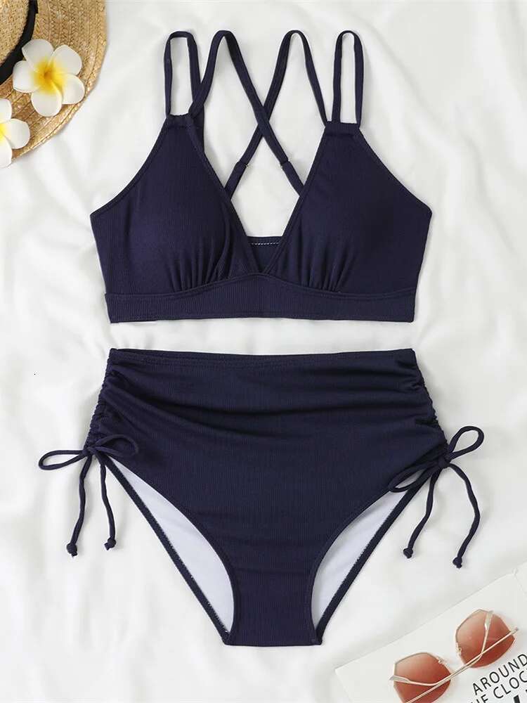 Dongdumaoyi Women S Two Piece Swimsuit Black Double Strap Push Up Pleate Drawstring Side High Waist Bikini Beach Bathing Suit Swimwear