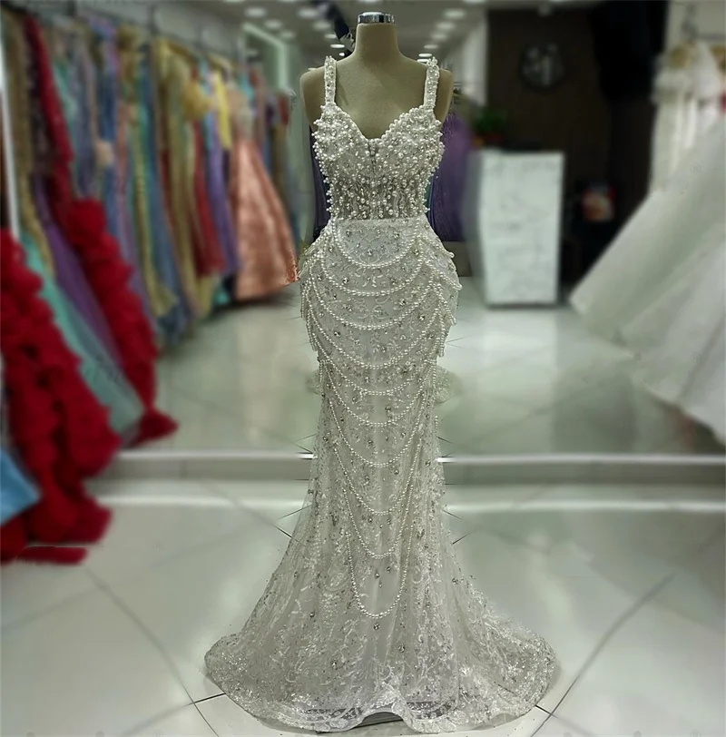 Gorgeous Evening Dresses Off Shoulder Spaghetti Strap Sleeveless Gown Pearls Sequins Crystal Sweep Train Dress Party Customized Dress