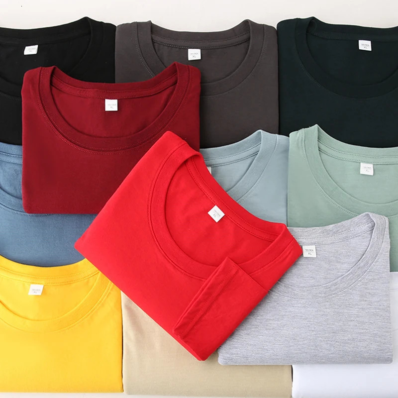 Long sleeved mens 100% pure cotton T-shirt top mens autumn basic solid color T-shirt womens casual fit size M-5XL mens 250402