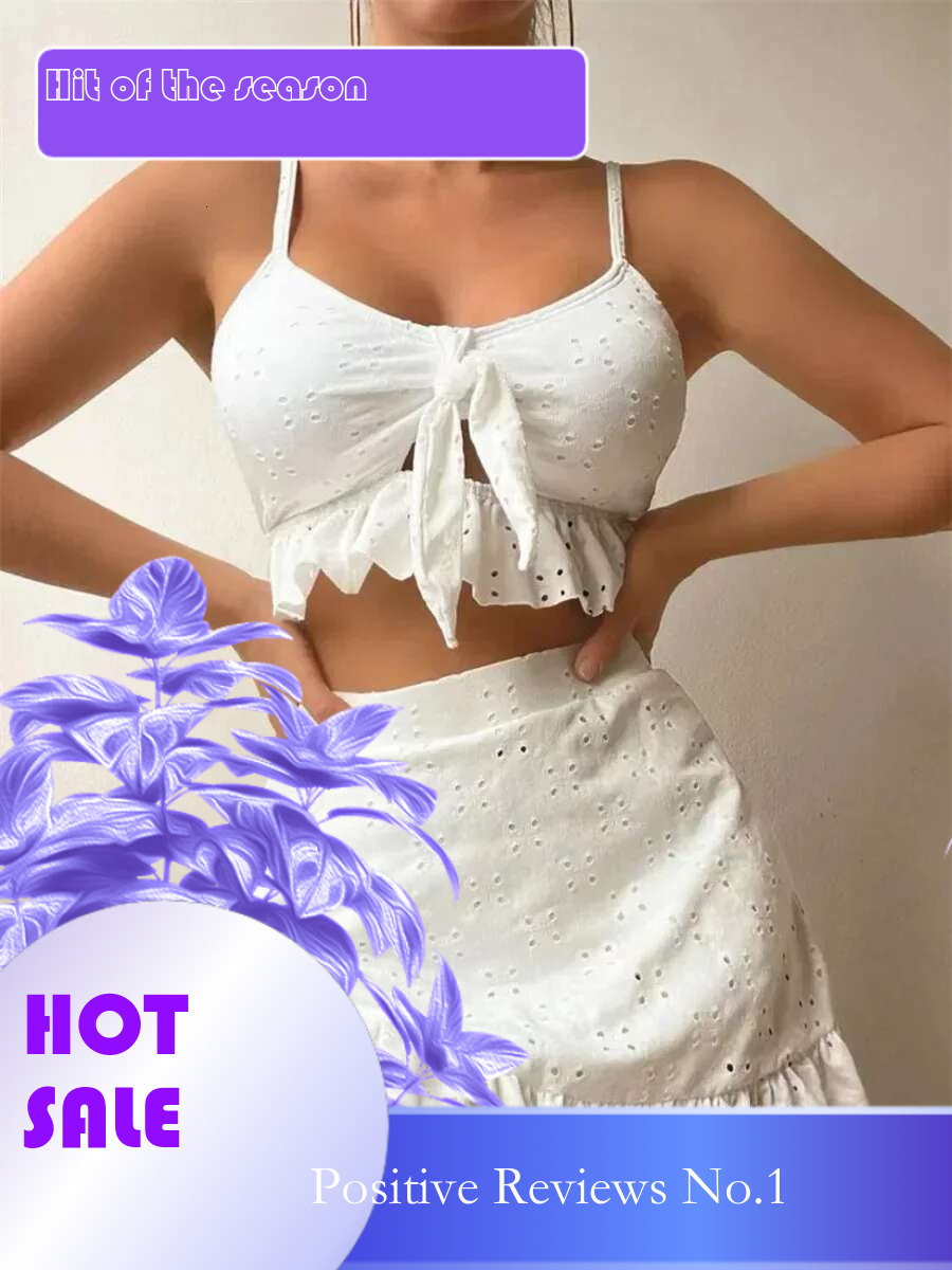 Dongdumaoyi Sexy White Piece Bikinis Set Women Halter Cut Out Tie Up Ruffles Push Skirt Swimsuit Bathing Suit High Waist Swimwear