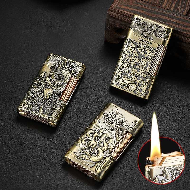 Vintage 3D relief side slider grinder wheel light original windproof Kerosene cigarette lighter giftXJ250407