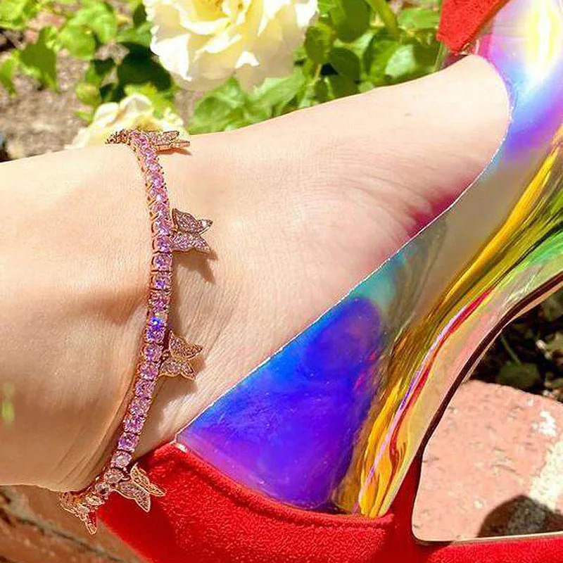 Gold Silver Color Pave 5A CZ Butterfly Pendant Anklet Iced Out Bling 5mm Tennis Chain Butterflys Anklets Hiphop Women Jewelry 250403