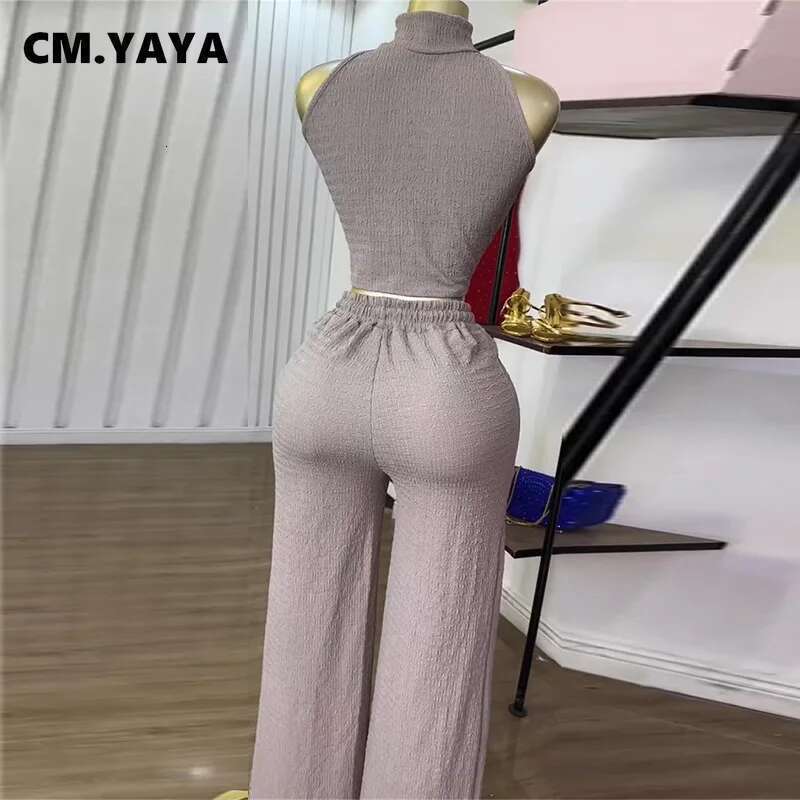 Cm.Yaya Fiess Women's Set Sleeveless Tops And Wide Leg Pants 2025 Active Street Summer Two 2 Piece Sets Outfit Tracksuits