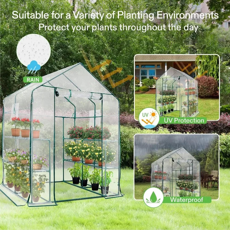 Transparent mini walk-in greenhouse with windows and anchors plant garden house with 2 floors and 8 frames 250403